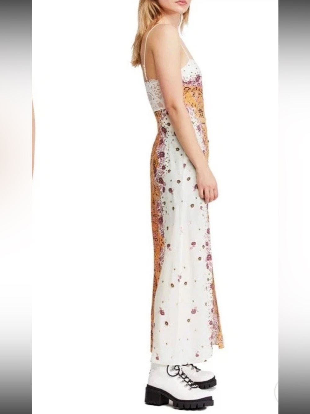 Free People Morning Song Cream Maxi Dress Sz M Orange & Pink Floral Center Panel - Picture 3 of 13